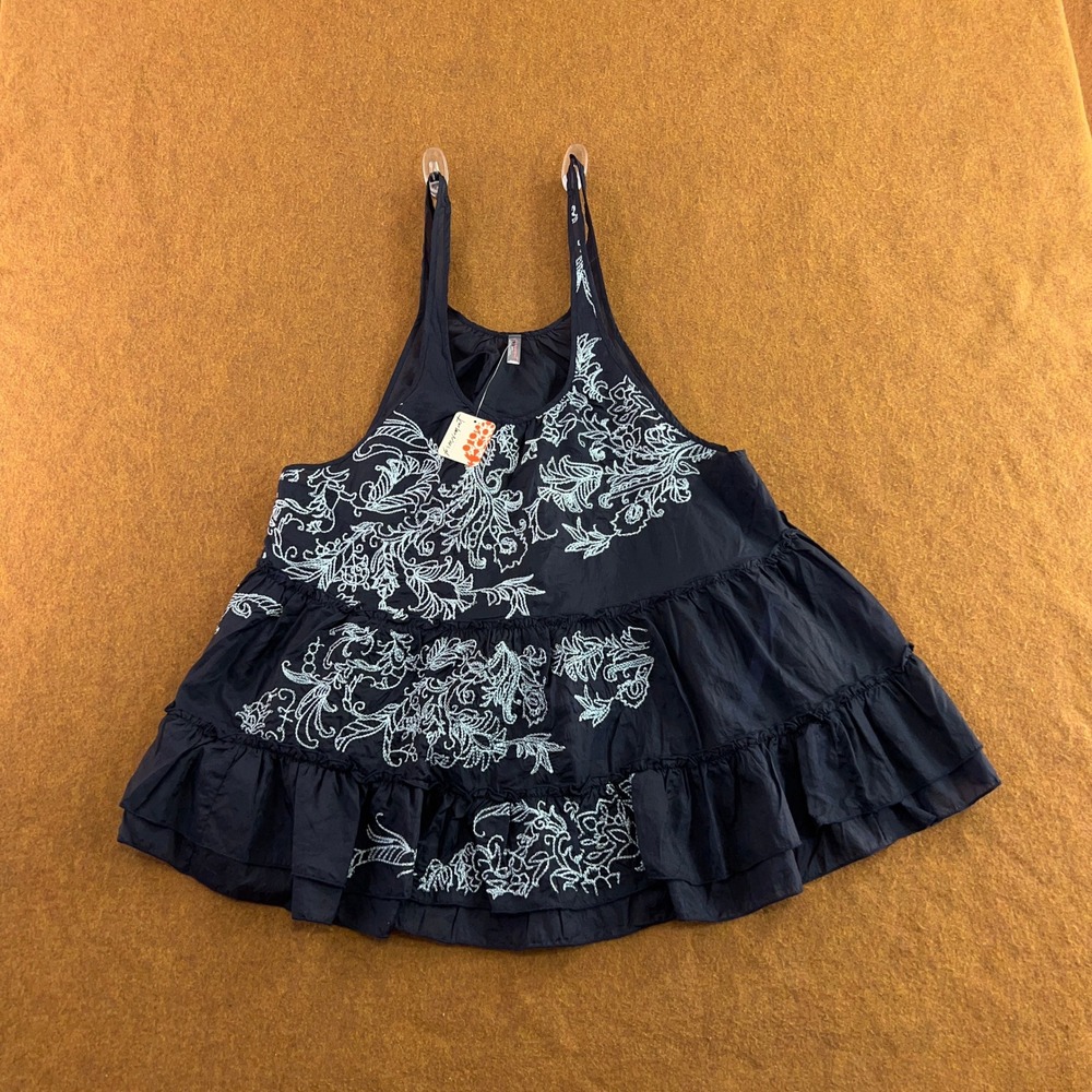 FP Movement Womens XS Navy Blue Embroidered Tiered Babydoll Tank Top NWT